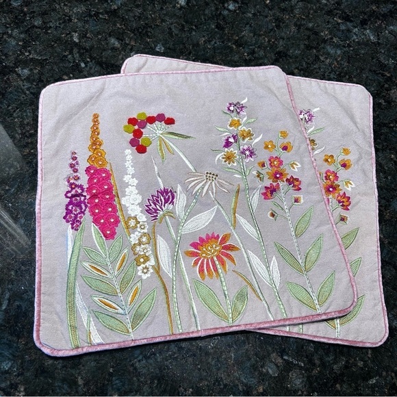 Hand Embroidered Pillow Covers | Floral Design | Set of 2 | 16 x 16 - Picture 2 of 8